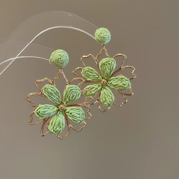 Raffia Flower Hand Knitted Alloy Earrings For Women With High End Sense