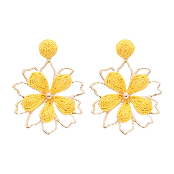 Raffia Flower Hand Knitted Alloy Earrings For Women With High End Sense