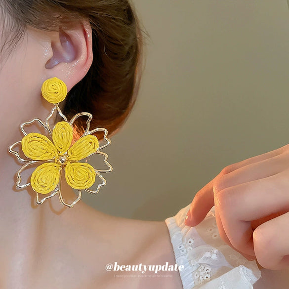 Raffia Flower Hand Knitted Alloy Earrings For Women With High End Sense