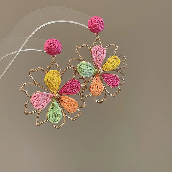 Raffia Flower Hand Knitted Alloy Earrings For Women With High End Sense
