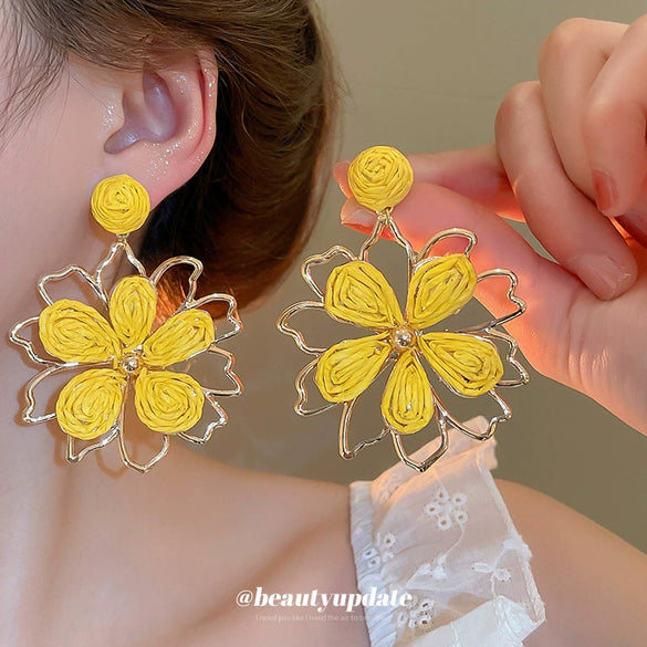 Raffia Flower Hand Knitted Alloy Earrings For Women With High End Sense
