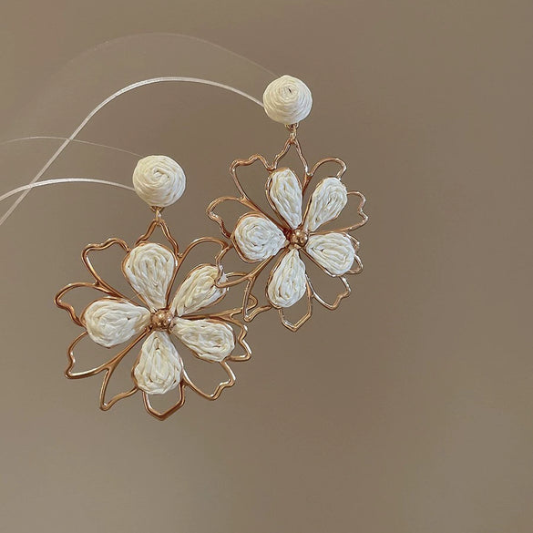 Raffia Flower Hand Knitted Alloy Earrings For Women With High End Sense