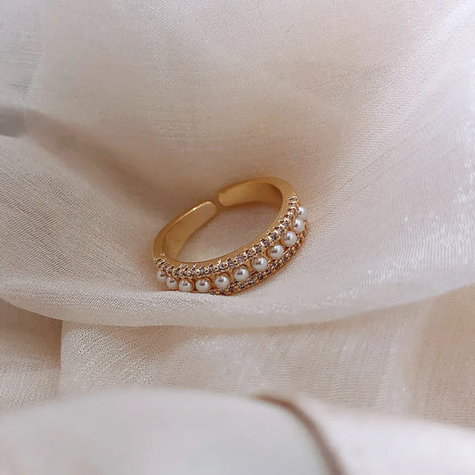 Real Gold Color-preserving Electroplating Diamond-encrusted Pearl Open Alloy Ring