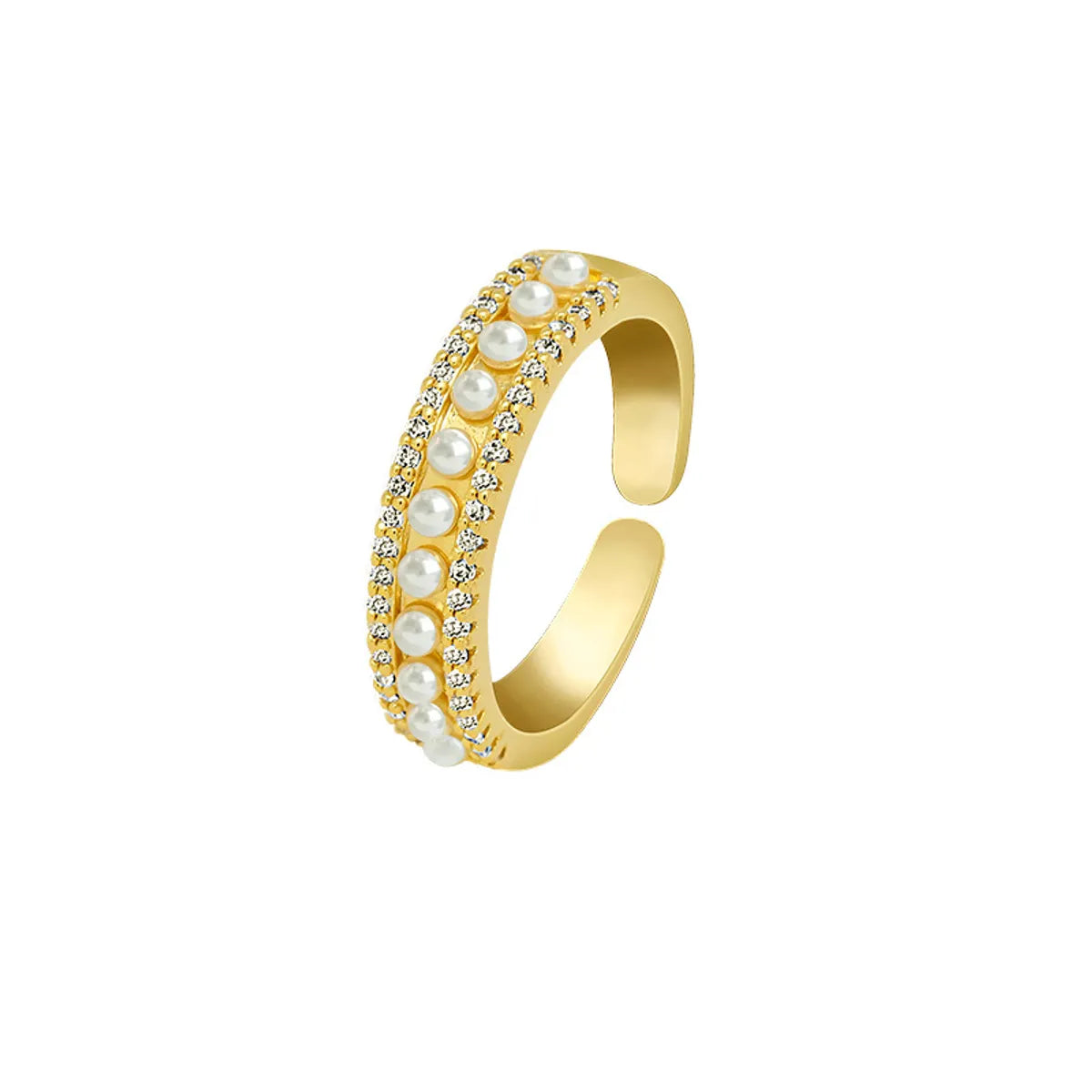 Real Gold Color-preserving Electroplating Diamond-encrusted Pearl Open Alloy Ring