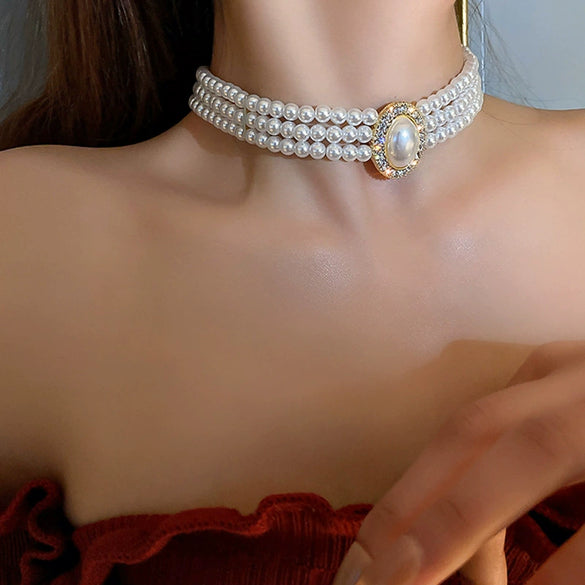 Real Gold Plated Imitation Pearl And Diamond Flower Necklace For Women Copper Pendant Clavicle Chain High Sense Niche Fashion Elegant Light Luxury High End Jewelry
