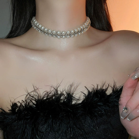 Real Gold Plated Imitation Pearl And Diamond Flower Necklace For Women Copper Pendant Clavicle Chain High Sense Niche Fashion Elegant Light Luxury High End Jewelry