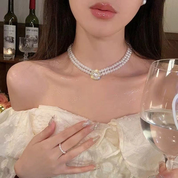Real Gold Plated Imitation Pearl And Diamond Flower Necklace For Women Copper Pendant Clavicle Chain High Sense Niche Fashion Elegant Light Luxury High End Jewelry