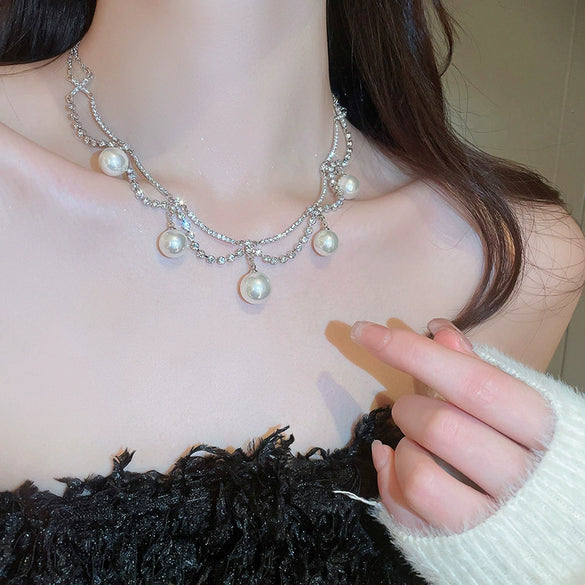 Real Gold Plated Imitation Pearl And Diamond Flower Necklace For Women Copper Pendant Clavicle Chain High Sense Niche Fashion Elegant Light Luxury High End Jewelry