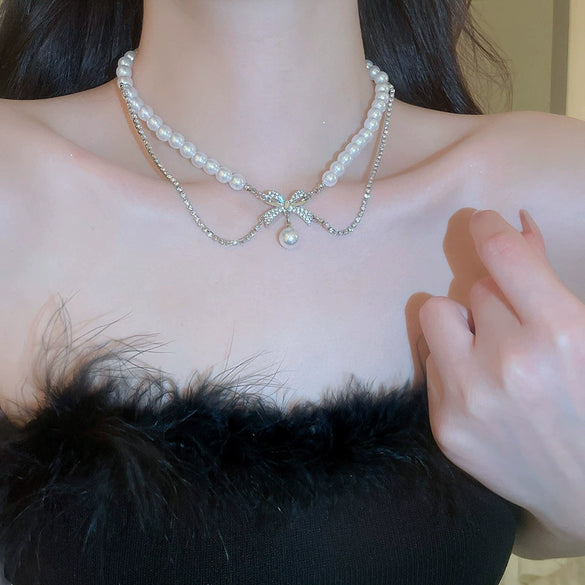 Real Gold Plated Imitation Pearl And Diamond Flower Necklace For Women Copper Pendant Clavicle Chain High Sense Niche Fashion Elegant Light Luxury High End Jewelry
