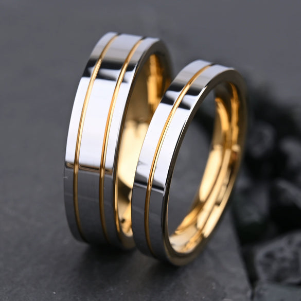Real Gold Plated Tungsten Steel Geometric Couple Engagement Rings For Men And Women Lightweight Luxury Matching Bands
