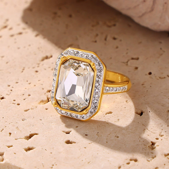 Rectangular Light Luxury Titanium Steel Ring Plated 18K Gold With Electroplating For Women