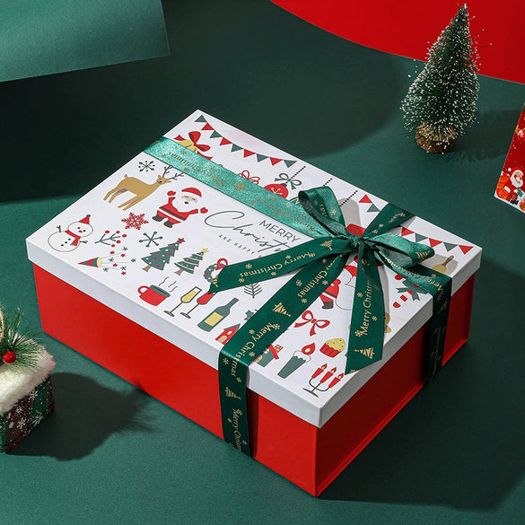 Red Christmas Santa Claus Uv Printed Gift Box With Raffia And Card White Cardboard Packaging For Scarves And Gloves
