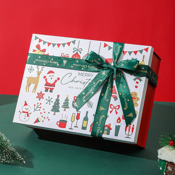 Red Christmas Santa Claus Uv Printed Gift Box With Raffia And Card White Cardboard Packaging For Scarves And Gloves