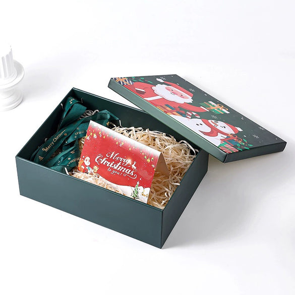 Red Christmas Santa Claus Uv Printed Gift Box With Raffia And Card White Cardboard Packaging For Scarves And Gloves
