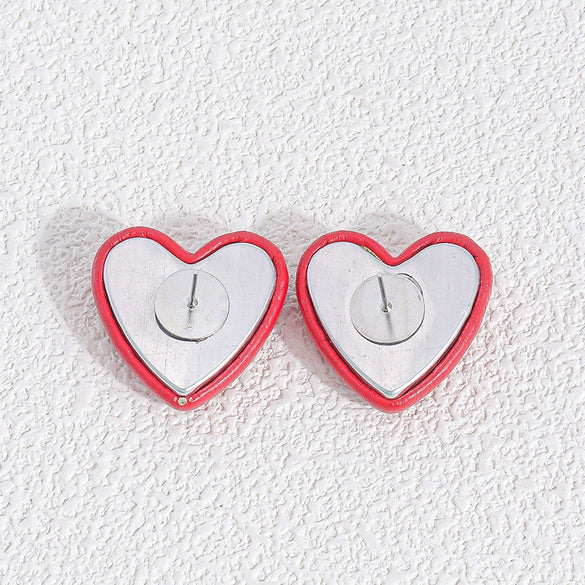 Red Heart Metal Hoop Earrings With Three Dimensional Texture And Geometric Design For Unisex Wear