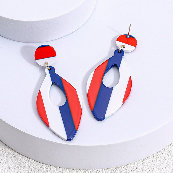Red White And Blue Striped Geometric Acrylic Hoop Earrings In Round Or Oval Shapes Versatile Unisex Statement Jewelry