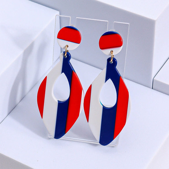 Red White And Blue Striped Geometric Acrylic Hoop Earrings In Round Or Oval Shapes Versatile Unisex Statement Jewelry