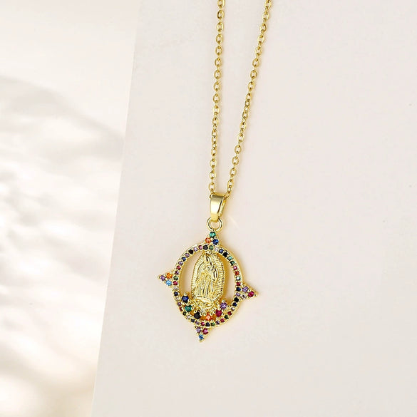 Religious Geometric Pendant Necklace Stainless Steel Mixed Gem Inlaid Electroplated