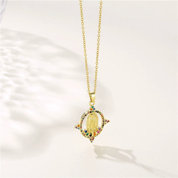 Religious Geometric Pendant Necklace Stainless Steel Mixed Gem Inlaid Electroplated