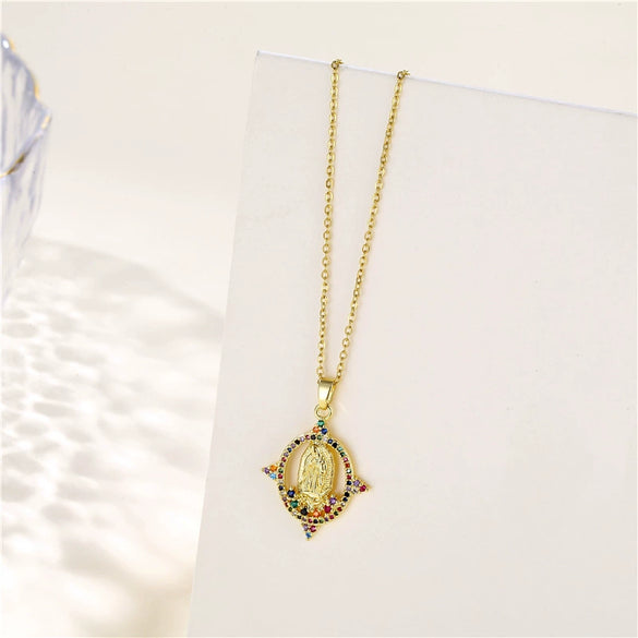 Religious Geometric Pendant Necklace Stainless Steel Mixed Gem Inlaid Electroplated