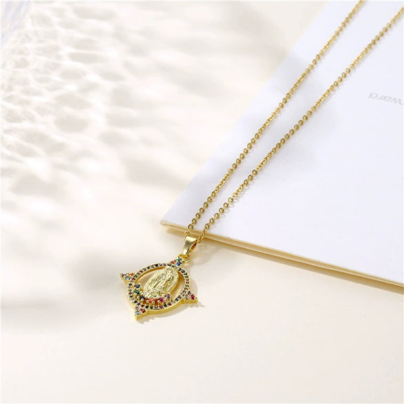 Religious Geometric Pendant Necklace Stainless Steel Mixed Gem Inlaid Electroplated