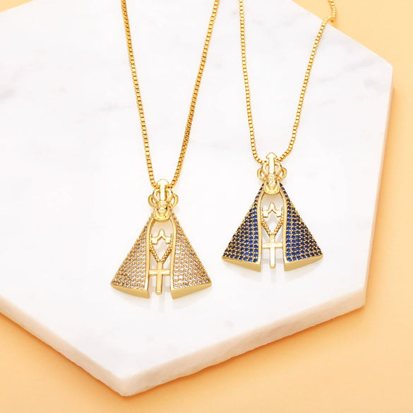 Religious Jewelry Copper Ochain Pendant Necklace With Mixed Gem Inlay Geometric Minimalist Style