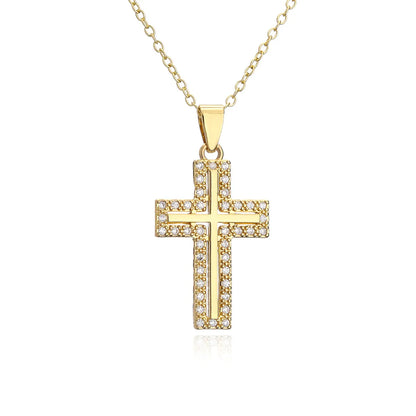 Religious Jewelry Copper-Plated 18k Gold Zircon Cross Pendant Necklace