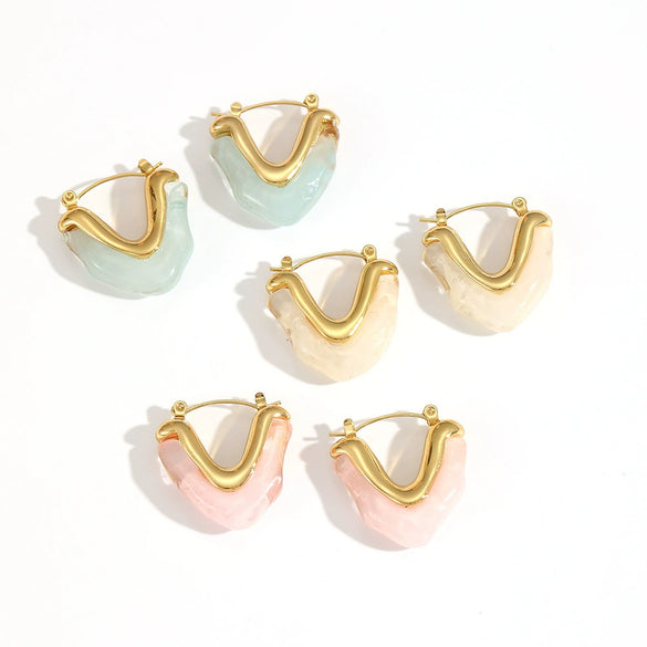 Resin Stainless Steel Heart Shaped Women's Earrings 18K Gold Plated