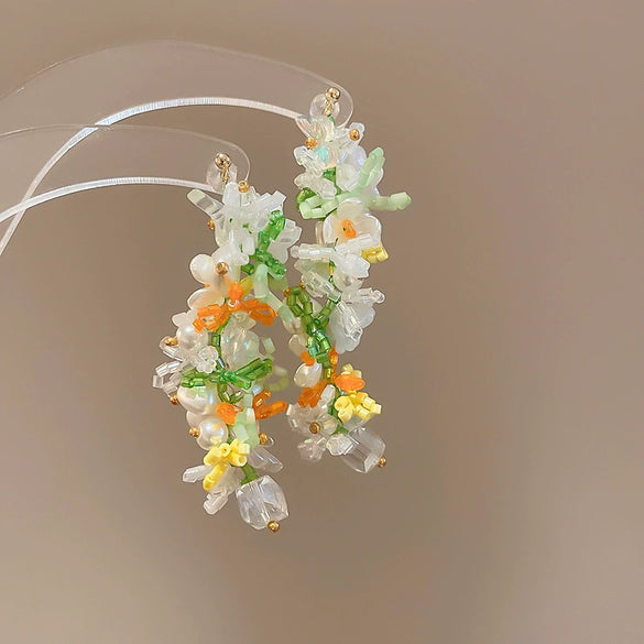 Resort Style Fabric Silver Needle Flower Geometric Handmade Tassel Earrings For Women