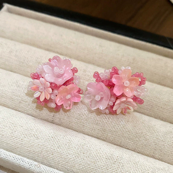 Resort Style Fabric Silver Needle Flower Geometric Handmade Tassel Earrings For Women