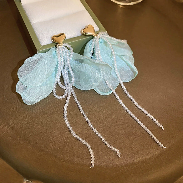 Resort Style Fabric Silver Needle Flower Geometric Handmade Tassel Earrings For Women