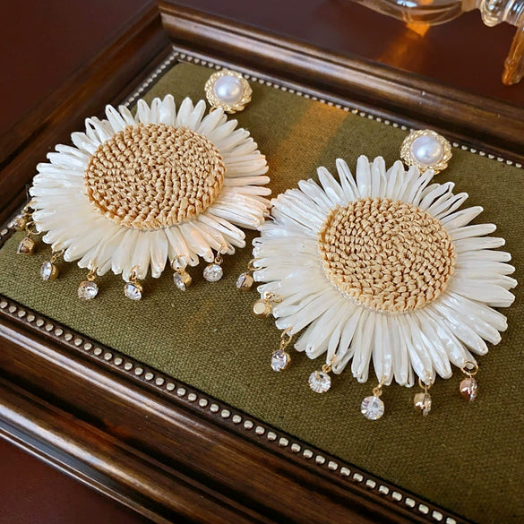 Resort Style Fabric Silver Needle Flower Geometric Handmade Tassel Earrings For Women
