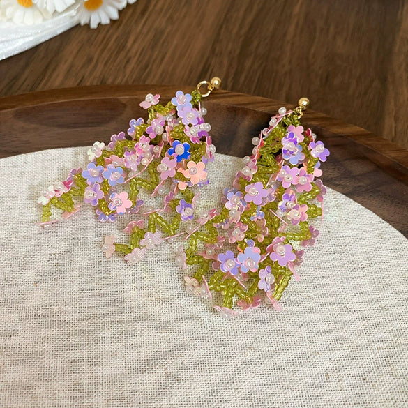 Resort Style Fabric Silver Needle Flower Geometric Handmade Tassel Earrings For Women