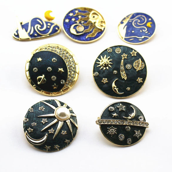 Retro Alloy Enamel Galaxy Brooch With Sun Moon Earth And Pearl Motifs Electroplated Decorative Pin For Men And Unisex Wear