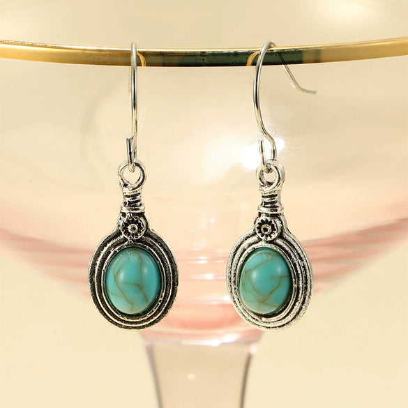 Retro Alloy Geometric Flower Turquoise Earrings With Electroplating