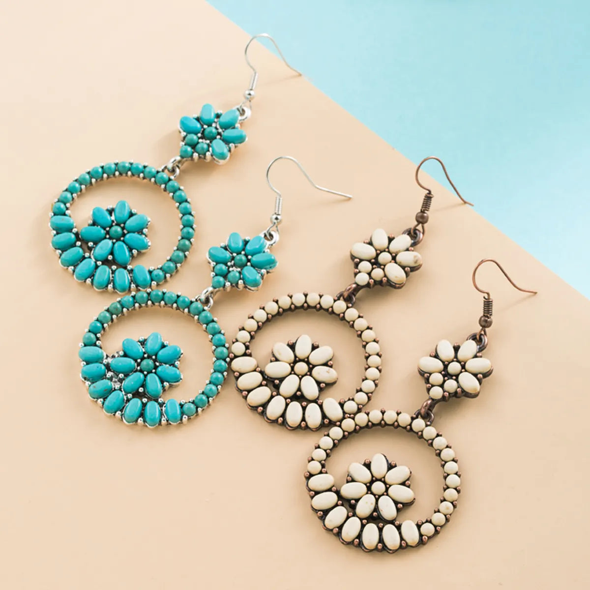 Retro Alloy Turquoise Hollow Flower Round Pendant Earrings