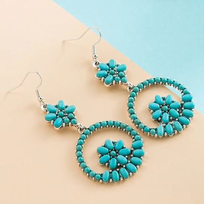 Retro Alloy Turquoise Hollow Flower Round Pendant Earrings