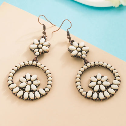 Retro Alloy Turquoise Hollow Flower Round Pendant Earrings