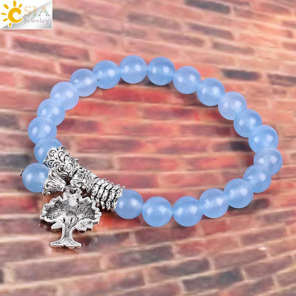 Retro Ancient Style Silver Plated Bracelet With Life Tree Design And Blue Semi Precious Stones And Crystal