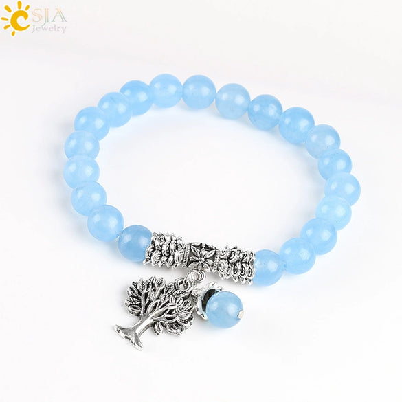 Retro Ancient Style Silver Plated Bracelet With Life Tree Design And Blue Semi Precious Stones And Crystal