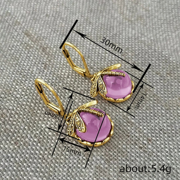 Retro Animal Geometric Copper Earrings For Women With Imitation Moonstone And Dragonfly Design