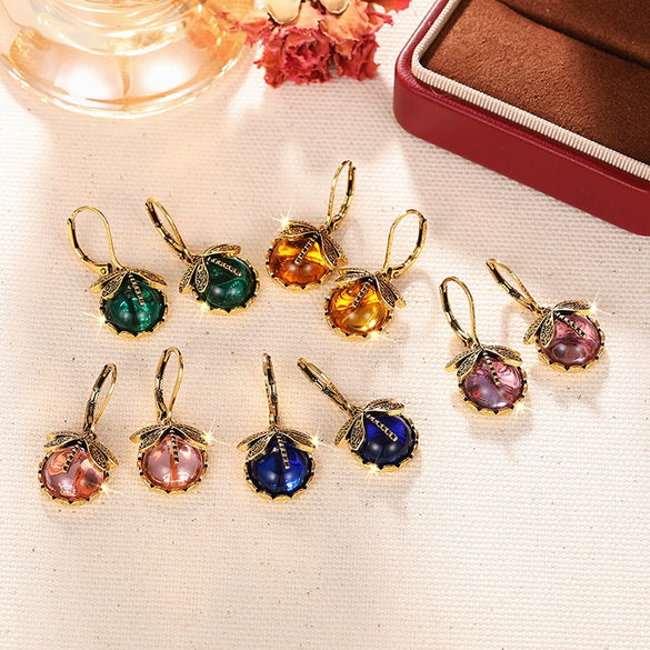 Retro Animal Geometric Copper Earrings For Women With Imitation Moonstone And Dragonfly Design