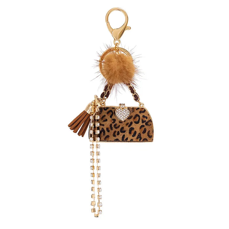 Retro Bag Heart Shape Leopard Pu Leather Inlay Rhinestones Women'S Bag Pendant Keychain