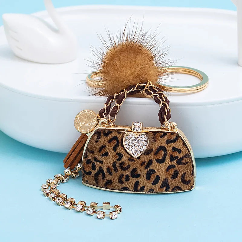 Retro Bag Heart Shape Leopard Pu Leather Inlay Rhinestones Women'S Bag Pendant Keychain