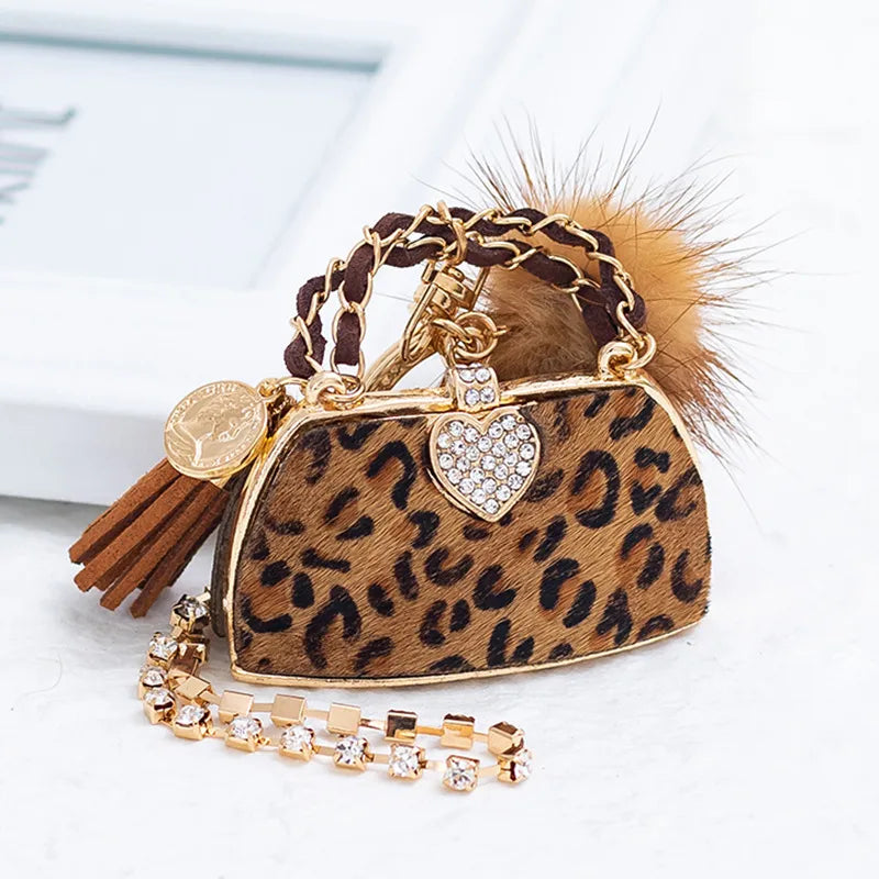 Retro Bag Heart Shape Leopard Pu Leather Inlay Rhinestones Women'S Bag Pendant Keychain