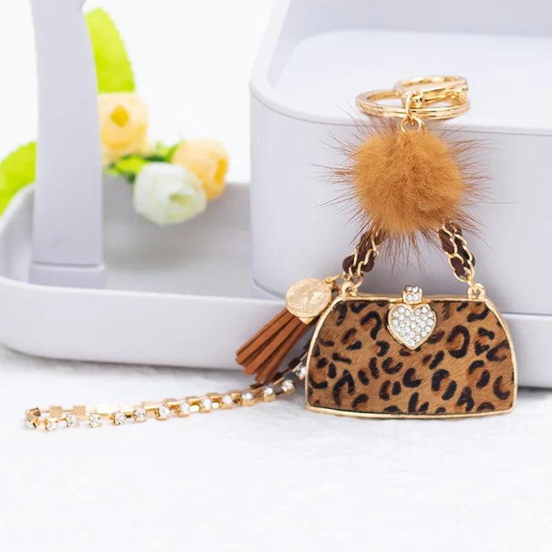 Retro Bag Heart Shape Leopard Pu Leather Inlay Rhinestones Women'S Bag Pendant Keychain