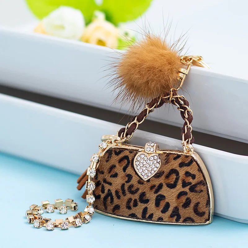 Retro Bag Heart Shape Leopard Pu Leather Inlay Rhinestones Women'S Bag Pendant Keychain