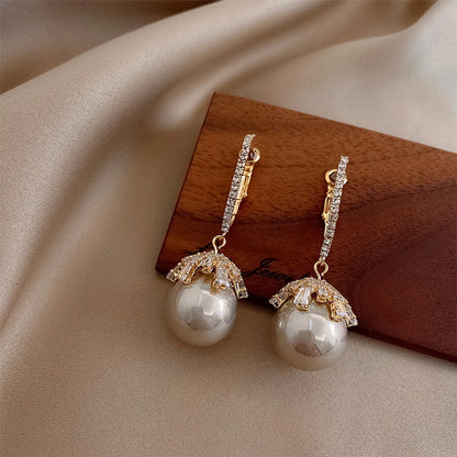 Retro Ball Copper Inlay Artificial Pearls Zircon Drop Earrings 1 Pair