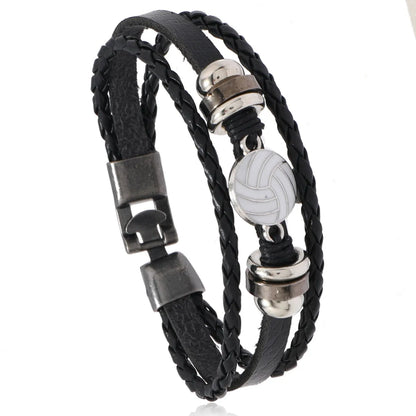 Retro Baseball Basketball Football Pu Leather Alloy Braid Men'S Bracelets