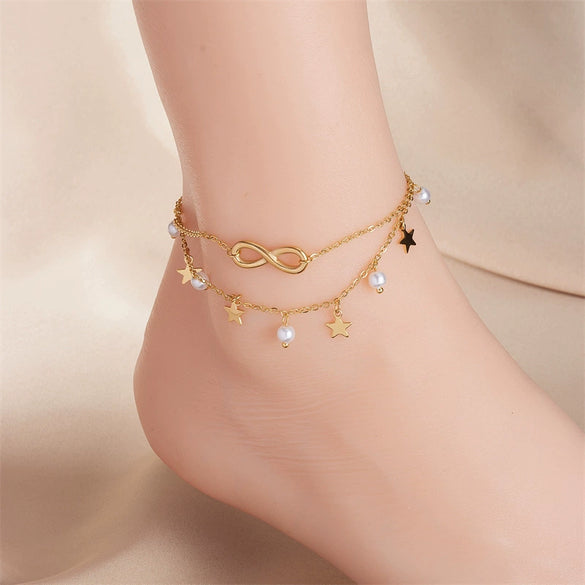Retro Beach Style Multi Layer Stacked Tassel Geometric Five Pointed Star Pendant Titanium Steel Electroplated Metal Anklet